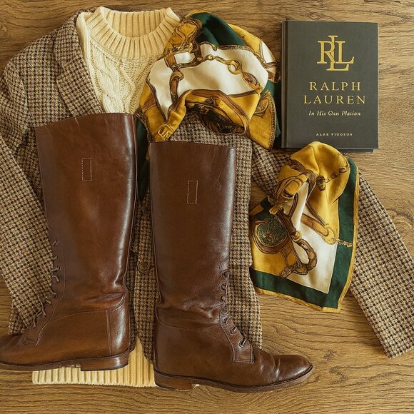 Vintage Ralph Lauren Brown Leather Knee-High Riding Boots Molly Ringwald Sz 8.5 - Picture 1 of 12